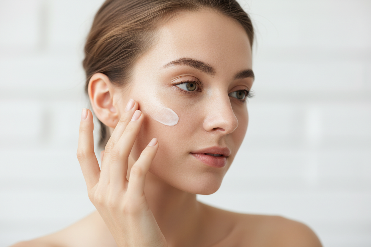 sexy woman applying cream but with really nice skin. cream bottle NOT VISIBLE